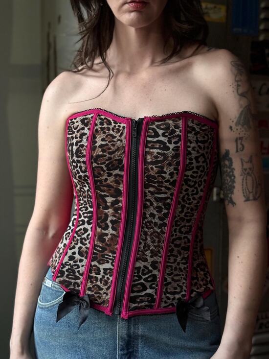 Vintage Tops - Vintage Y2K Leopard Corset Top | Pink Lace-Up Bustier | Zip Front Top | Size L